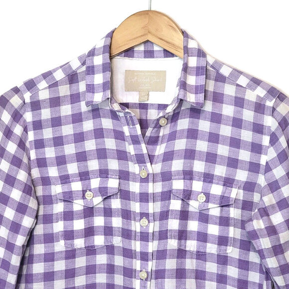 Banana Republic Linen Cotton Gingham Checked Soft Wash Button Down Shirt Size XS - Picture 3 of 16
